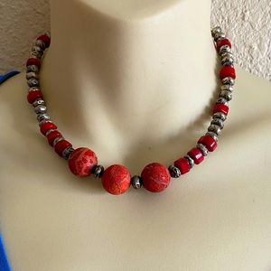 Silpada necklace color silver & red 7” long
